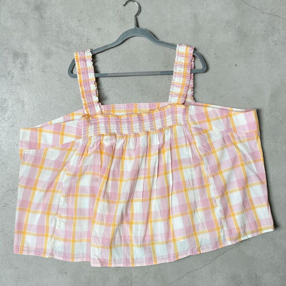 ANA Plus Size 5X Gingham Tank Top Sleeveless Pink Plaid Square Neck Smocked Boho